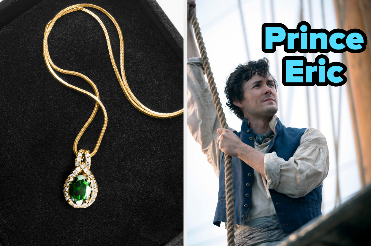 On the left, an emerald necklace, and on the right, Jonah Hauer-King as Prince Eric in the live action Little Mermaid