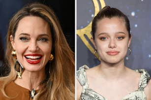 Angelina Jolie and her daughter Shiloh Jolie-Pitt at separate events. Angelina is smiling, wearing gold earrings and a brown top. Shiloh is in a patterned dress