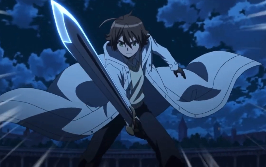 Anime character, Tatsumi from Akame Ga Kill in a dramatic pose holding a glowing sword with a determined expression and dark night sky background