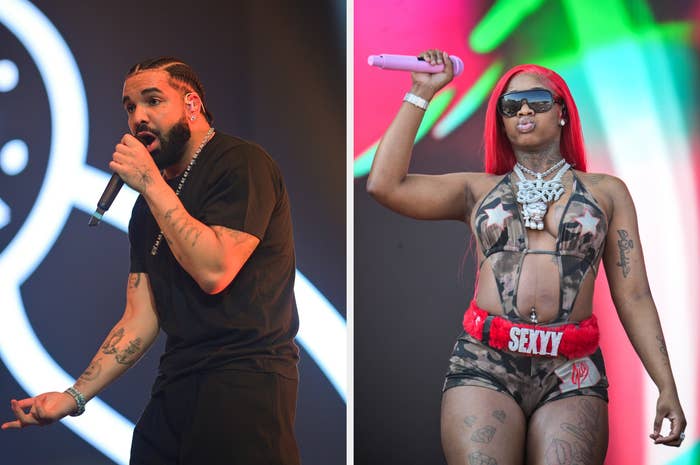 Drake performs in a black outfit while Sexyy Red sings on stage wearing camo attire with &quot;Sexy&quot; accessories