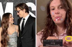 Millie Bobby Brown and Jake Bongiovi smile at each other on the left; Millie Bobby Brown applies skincare in a selfie video on the right