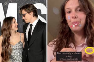 Millie Bobby Brown and Jake Bongiovi smile at each other on the left; Millie Bobby Brown applies skincare in a selfie video on the right
