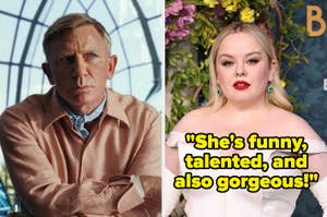 Daniel Craig in a suit on the left, Nicola Coughlan in a white dress on the right with text, "She's funny, talented, and also gorgeous!"