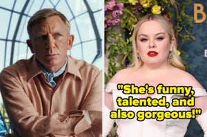 Daniel Craig in a suit on the left, Nicola Coughlan in a white dress on the right with text, "She's funny, talented, and also gorgeous!"