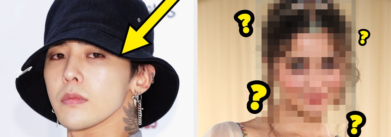 G-Dragon wears a black hat and a gray jacket, side by side with a blurred, unidentified person in a formal dress. Text asks, "Can you name this Korean celeb??"