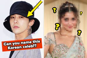 G-Dragon wears a black hat and a gray jacket, side by side with a blurred, unidentified person in a formal dress. Text asks, "Can you name this Korean celeb??"