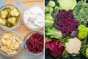 Various bowls of pickles, sauerkraut, shredded beets, and yogurt on the left. Fresh lettuce, kale, broccoli, cauliflower, and other vegetables on the right