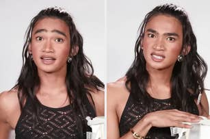 Bretman Rock poses in a black mesh top and long hair, gesturing expressively in a side-by-side image