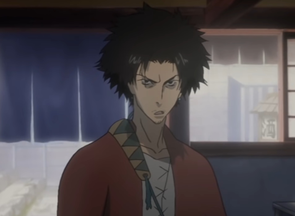 Mugen from Samurai Champloo stands indoors with a serious expression, wearing a traditional samurai outfit