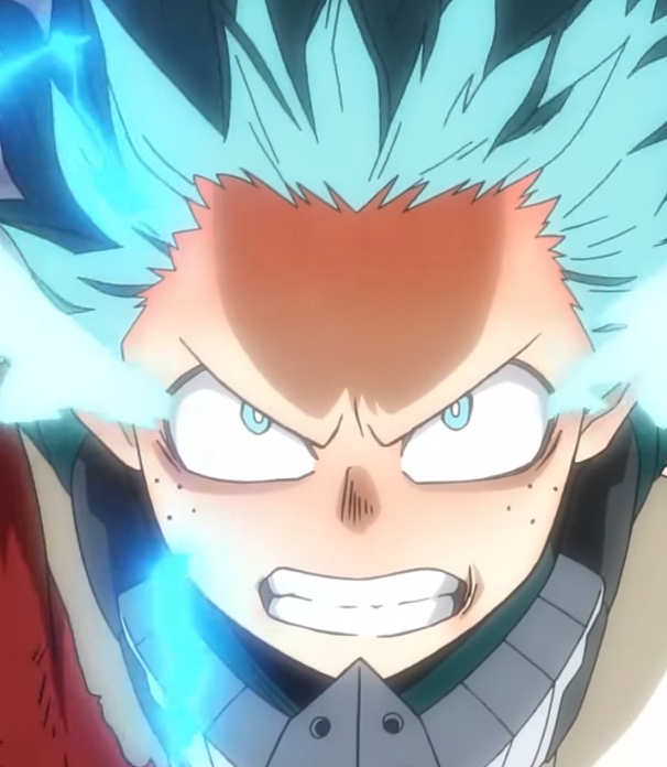 Izuku Midoriya from My Hero Academia, depicted with a determined expression and glowing blue energy effects around him