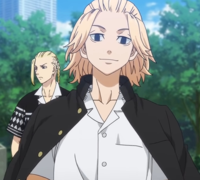 Anime characters from "Tokyo Revengers," Mikey (front) and Draken (back), in casual clothing with a cityscape and greenery in the background