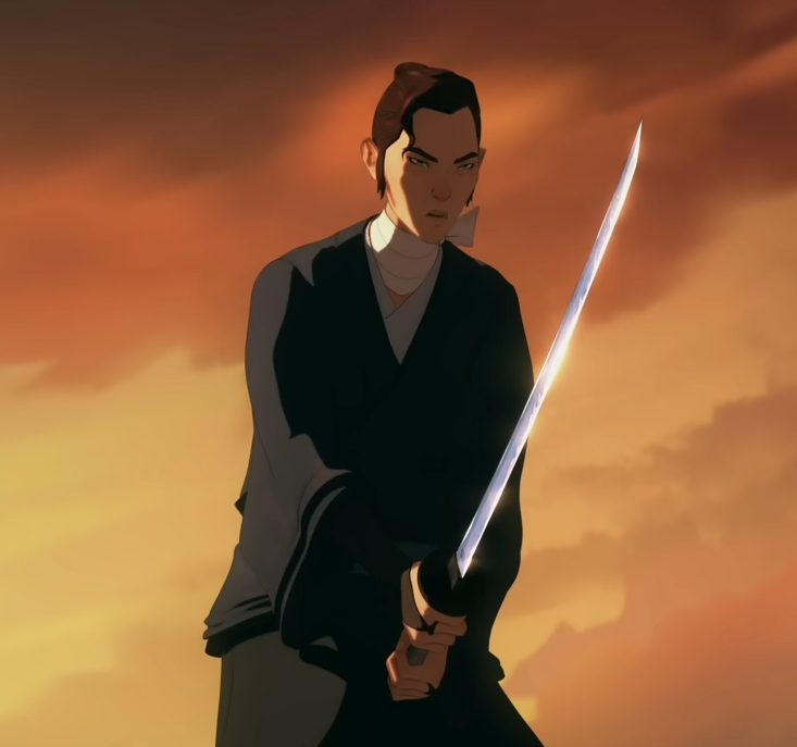 Animated character Akemi holding a sword at sunset from the animated series Blue Eyed Samurai