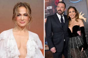 Jennifer Lopez in a white ruffled dress. Jennifer Lopez and Ben Affleck on the red carpet, Lopez in a glamorous dress, Affleck in a dark suit