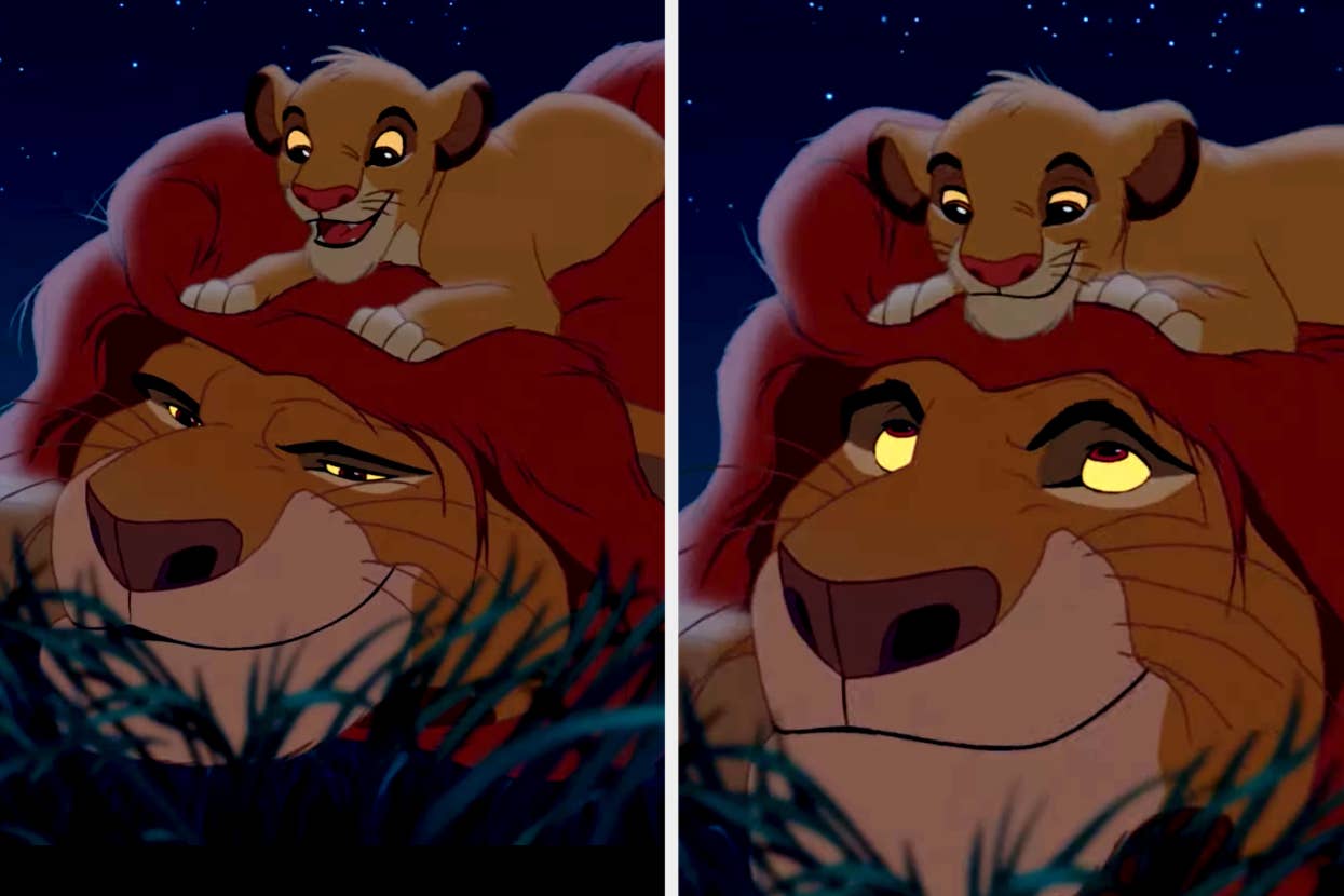 Simba lies playfully on Mufasa's head under a starry night sky in two scenes from The Lion King