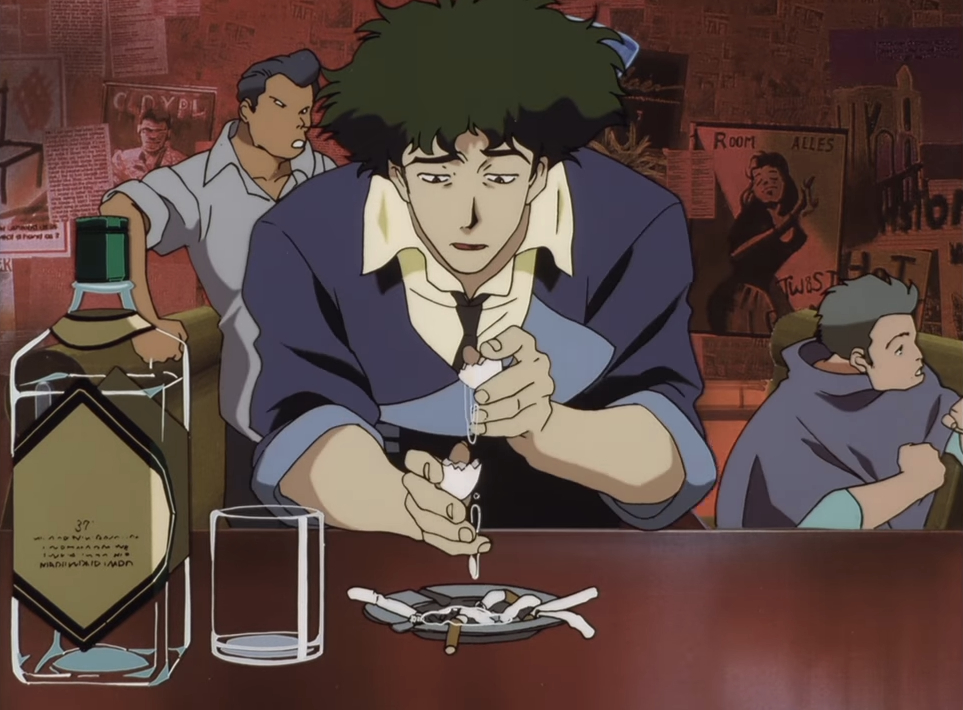 Spike Spiegel from Cowboy Bebop in a bar, holding a broken egg above an ashtray filled with cigarette butts. Other patrons are in the background