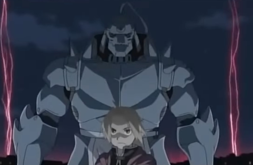 Edward Elric and Alphonse Elric, from Fullmetal Alchemist, stand determined in front of a stormy sky, with red lightning bolts behind them. Edward looks forward while Alphonse looms protectively