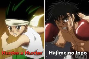 Gon on the left about to strike with a determined look on his face and Ippo on the right bruised but ready to keep the fight going