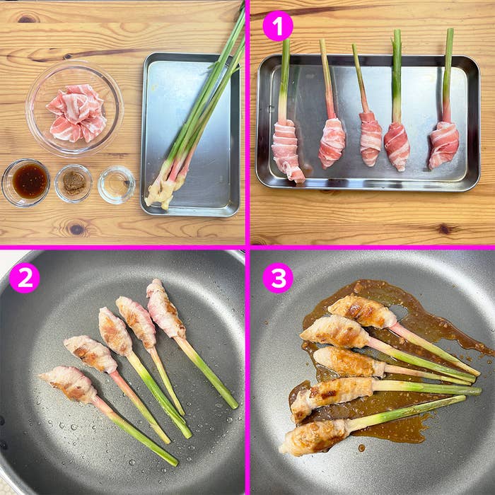 調理手順を説明する画像。葉しょうがに豚肉を巻き、フライパンで焼いてから調味料をかけています。