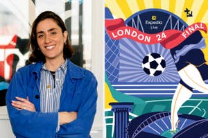 Abbi Jacobson stands smiling with arms crossed beside a poster for the London 24 Final by Expedia Live. Poster features a soccer theme with London landmarks