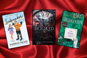 Book covers for "Icebreaker" by Hannah Grace, "Hooked" by Emily McIntire, and "Bridgerton: The Duke and I" by Julia Quinn