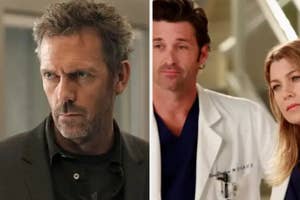 Hugh Laurie, Patrick Dempsey, and Ellen Pompeo in character from their respective TV shows. Laurie is in a serious expression, while Dempsey and Pompeo wear medical attire