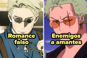 Dos capturas de un personaje de anime, la izquierda con etiqueta "Romance falso" y la derecha "Enemigos a amantes"