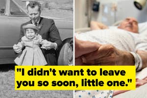 Split image with a vintage photo of an adult holding a child's hand and a person in a hospital bed. Text: "I didn't want to leave you so soon, little one."