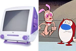 Vintage Apple iMac computer; animated characters Ren and Stimpy from the TV show
