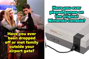 Characters from "Friends" (not real people) in a casual conversation, and a classic Nintendo console with text asking about early gaming memories