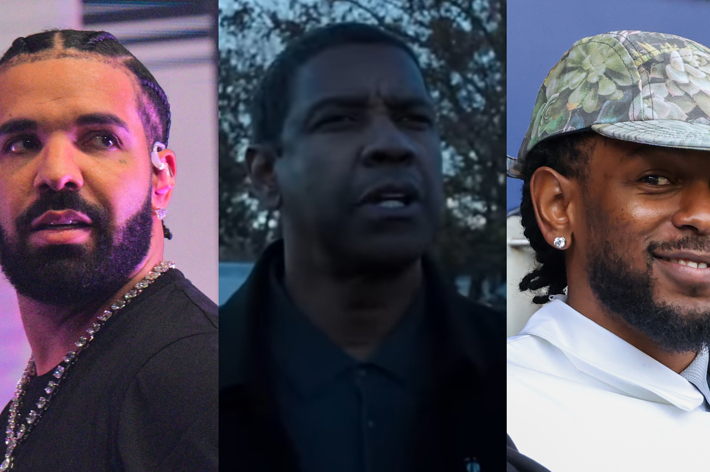Three men side by side: Drake in a necklace, Denzel Washington outdoors, and Kendrick Lamar in a cap