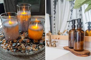 Three lit battery-powered candles in glass holders with decorative stones, and two amber bottles on a wooden shelf