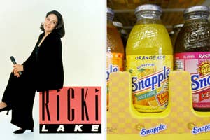Left: Ricki Lake poses with a mic. Right: Assorted Snapple drinks on display