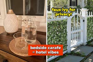 reviewer's bedside carafe and tumbler on nightstand and fence with faux ivy for extra privacy