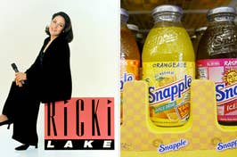Left: Ricki Lake poses with a mic. Right: Assorted Snapple drinks on display