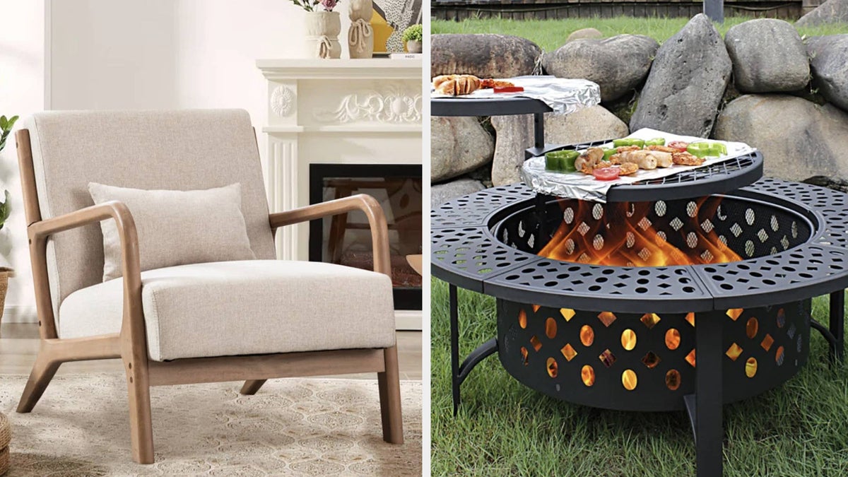 Contemporary armchair next to a fireplace and a multifunctional fire pit table with food on a patio