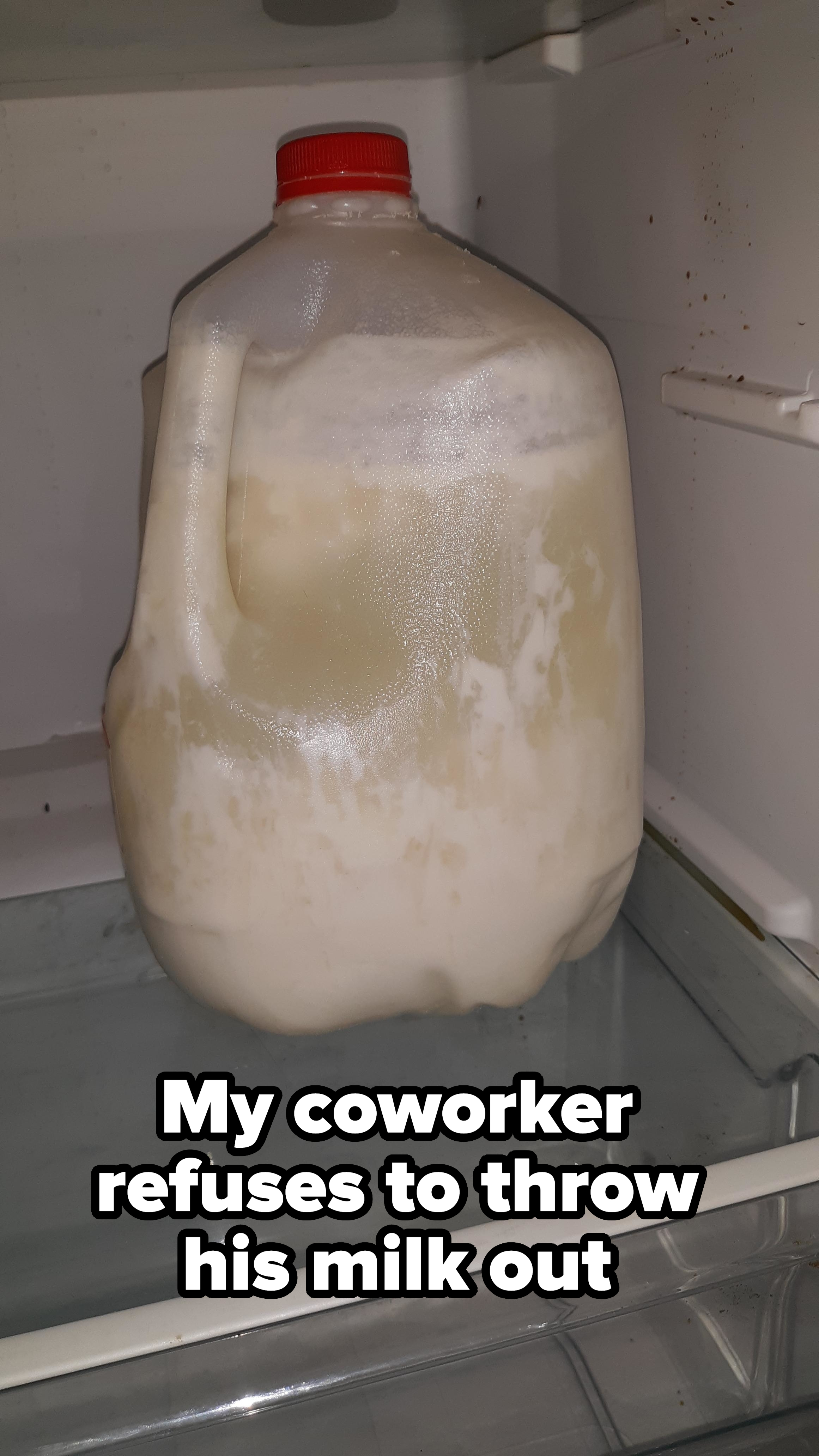 A gallon of frozen milk expanding inside a fridge