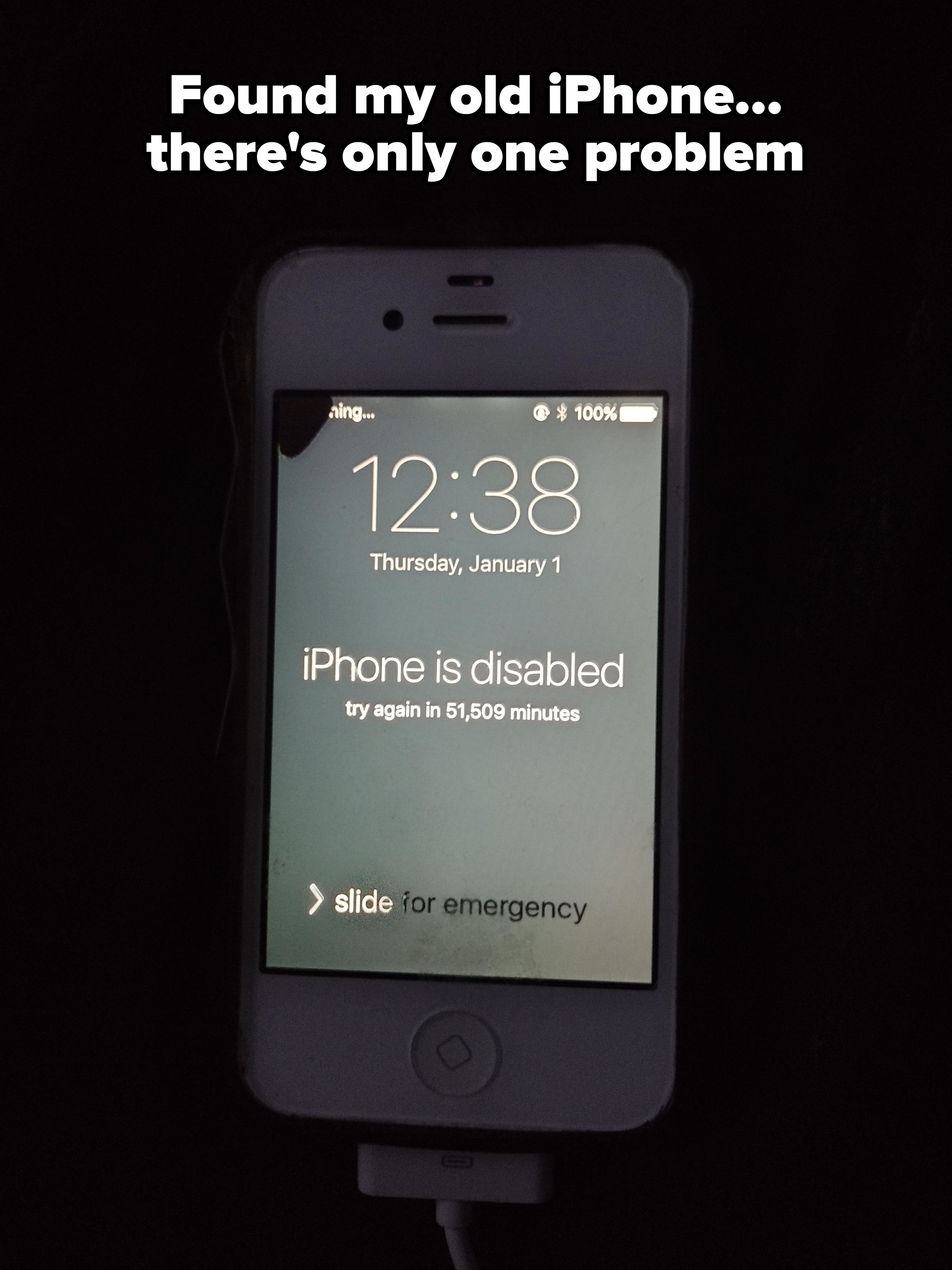 iPhone screen displaying &quot;iPhone is disabled, try again in 61,509 minutes&quot; with emergency call slider