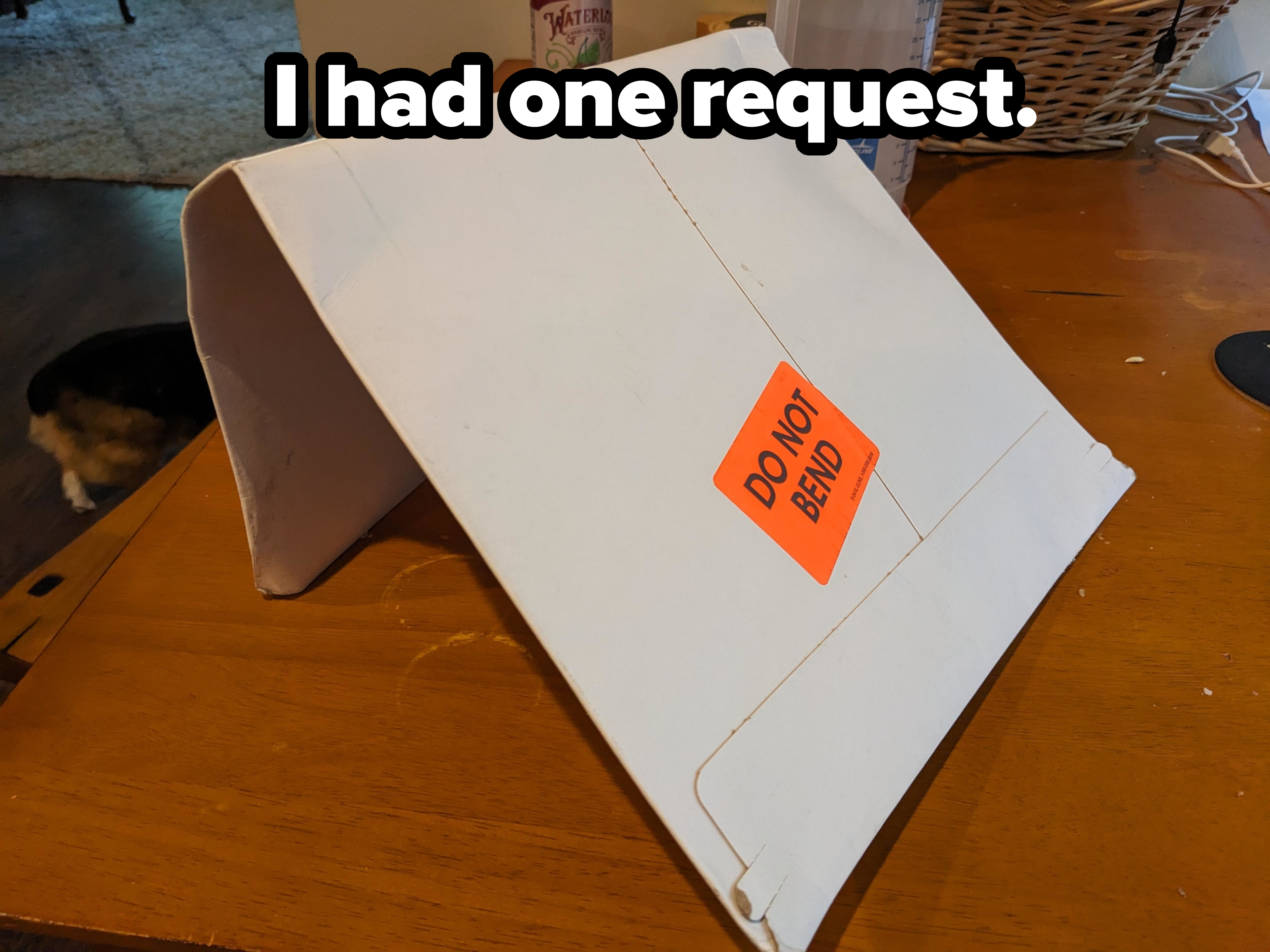A cardboard envelope with a &quot;DO NOT BEND&quot; label rests on a table