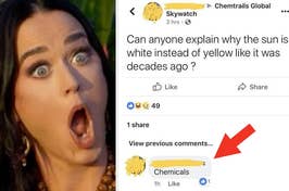 Woman looks surprised next to a social media post questioning the sun's color with a reply about chemicals
