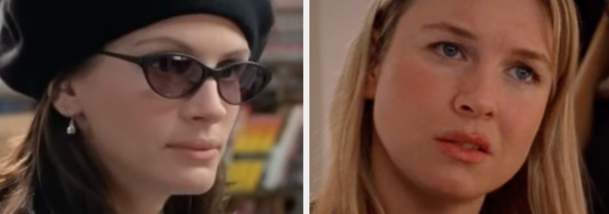 Split screen of Julia Roberts in "Notting Hill" and Renée Zellweger in "Bridget Jones's Diary," both in character