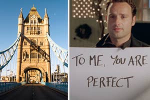 Scene from a film with a man holding a sign with romantic sentiment written on it
