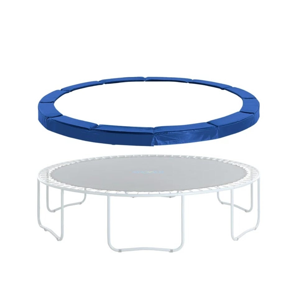 Round outdoor trampoline with safety padding, disassembled view of top ring and frame