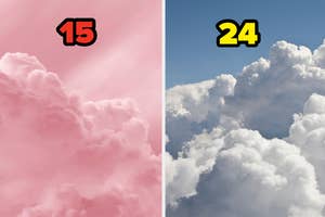 Split image with number 15 on pink clouds and 24 on white clouds against a blue sky