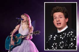Two images side by side: left, a woman playing guitar and singing into a microphone; right, a man in a patterned shirt smiling