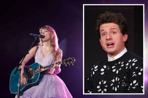 Two images side by side: left, a woman playing guitar and singing into a microphone; right, a man in a patterned shirt smiling