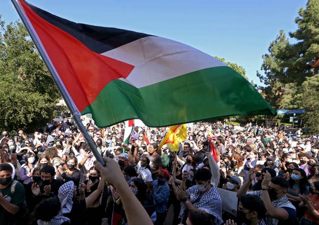 Students rally on the UCLA campus in support of Palestinians caught up in the conflict that continued to rage unabated between Palestinians and Israelis in the Middle East on Thursday, Oct. 12, 2023.