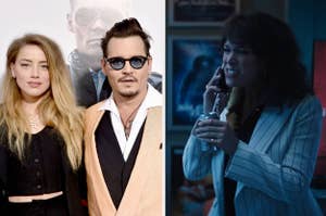 Two side-by-side photos: Left shows Johnny Depp and Amber Heard, right displays a woman in a pinstripe suit talking on the phone