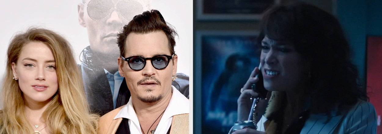 Two side-by-side photos: Left shows Johnny Depp and Amber Heard, right displays a woman in a pinstripe suit talking on the phone