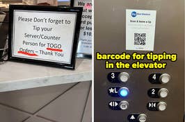 Sign requesting tips for to-go orders and a QR code for tipping in an elevator next to buttons