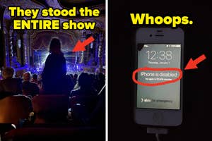 Left: Person standing at theater blocking view. Right: Locked iPhone screen with disabled message
